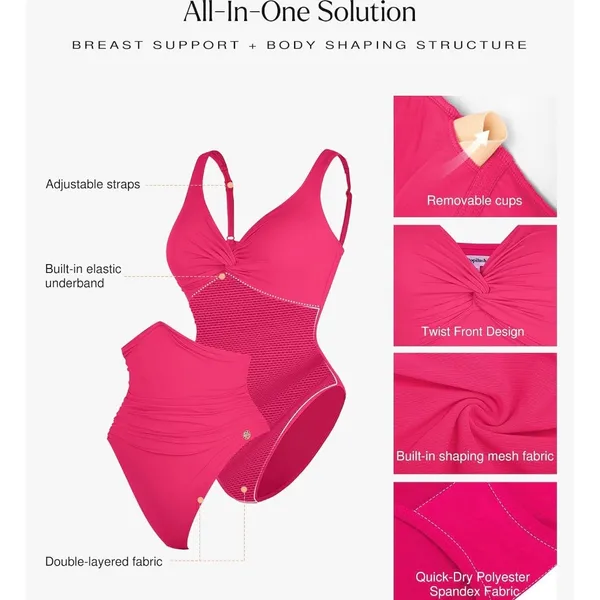 NWT Popilush Pink Twist Front Tummy Control One Piece Swimsuit Shapewear Large - Image 2