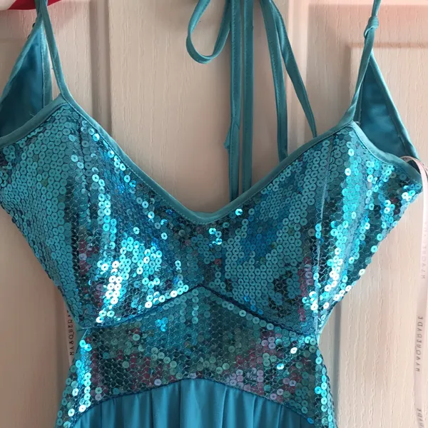 New Masquerade Formal or Prom Halter Shimmery Sequins Dress Turquoise Blue 3/4 - Image 7