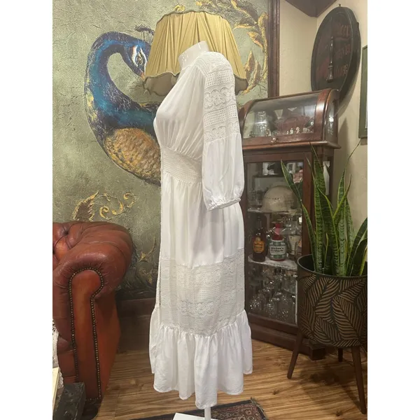 Boho White Lace Maxi Dress Button Front Large Size M - Image 6
