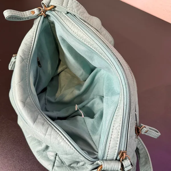 Bueno Multi Zip Pocket Green Crossbody Bag Crinkled Vegan Leather Pebble - Image 8