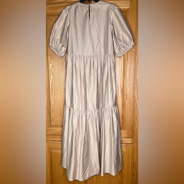 ZARA Asymmetric Puff Sleeve Tiered Cotton Poplin Midi Dress‎ in Camel Size XS - Image 15