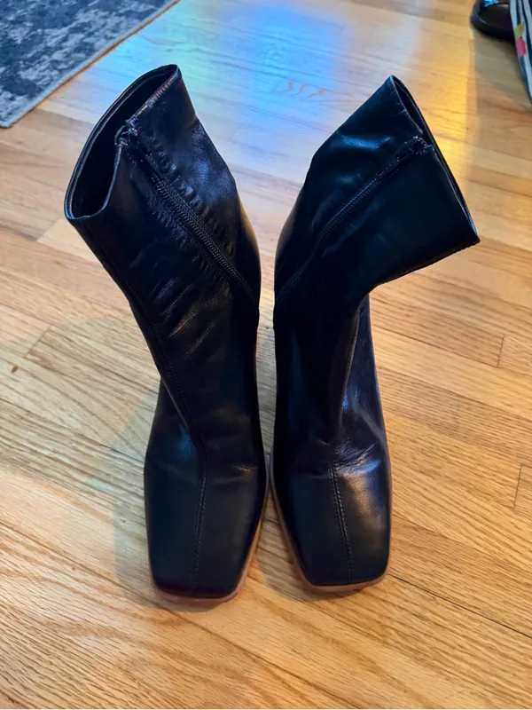Free People Sienna Black Leather Block Heel Ankle Boots- 38 - Image 4