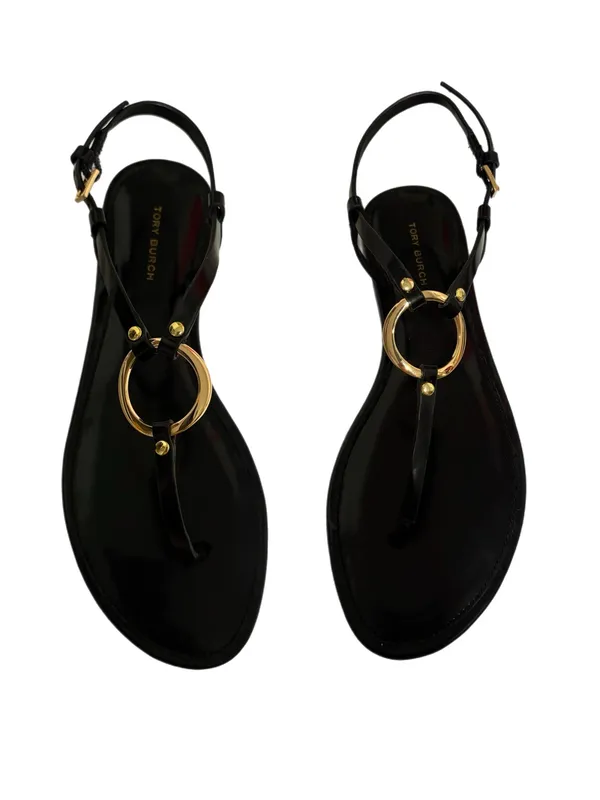 Tory Burch Ring T-Strap Sandal Black/Gold Size 7.5 Like New - Image 8