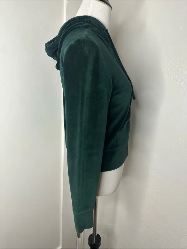 Vintage Y2K Style Deep Emerald Green Velour Full-Zip Hoodie - Image 5