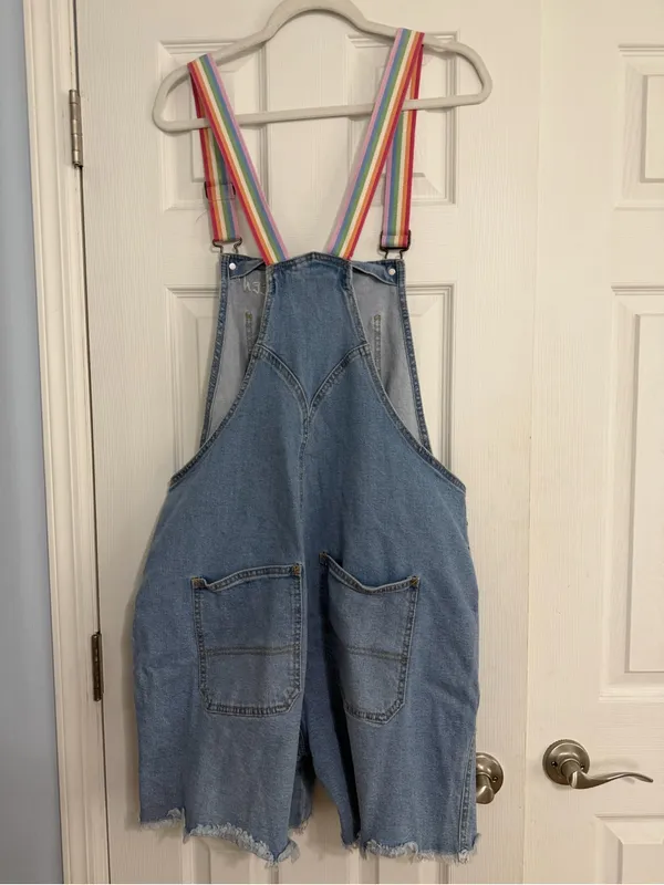 Denim Rainbow Stripe queen embroidered Overalls cut off Shorts women’s size XL - Image 11