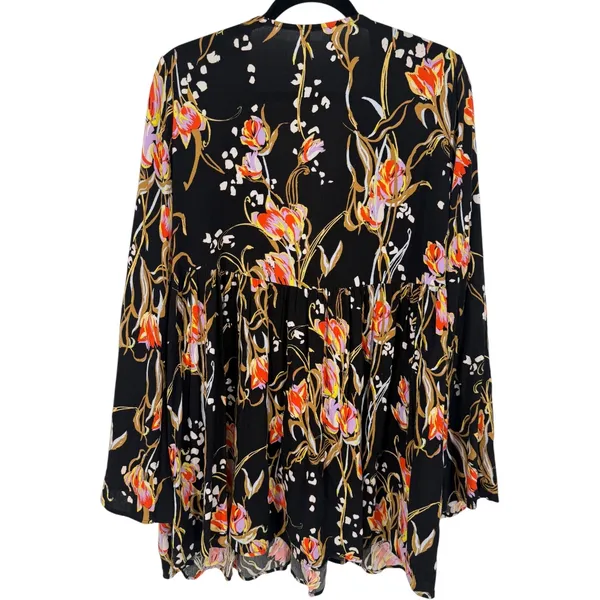 Free People‎ Bella Floral Babydoll Tunic Top Mini Dress Black V-Neck Size Medium - Image 5