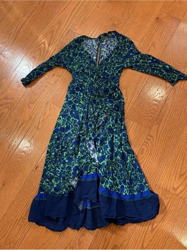 Maeve Anthropologie Green Blue Floral Wrap Midi Dress Size 00P - Image 3