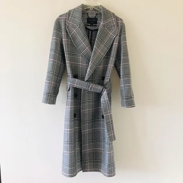 All Saints Tyla Check Plaid Wool Blend Belted Long Trench Coat - Image 6