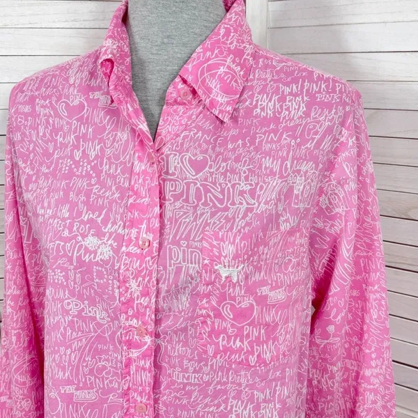 Vintage Pink Victorias Secret Graffiti Print Sleep Night Shirt Pink White Medium - Image 5