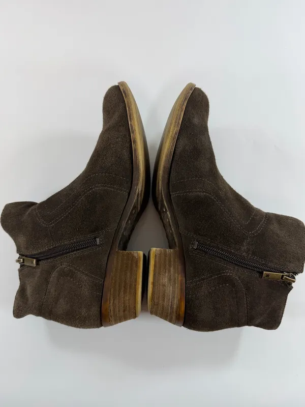 Lucky Brand Suede Ankle Boots‎ Brown Side Zip Low Heel Women Size 8 - Image 5