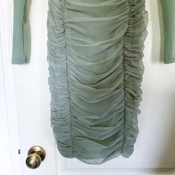 House Of CB Dress Freyja Gathered Corset Ruched Satin Mesh Knee Green‎ Small EUC - Image 3