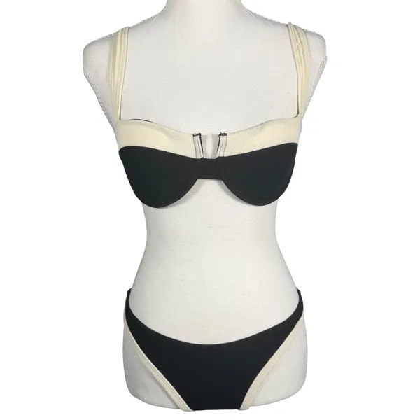 Boutique Black Cream Bikini Set Womens Small Underwire High Cut Thong Swimsuit - Image 2