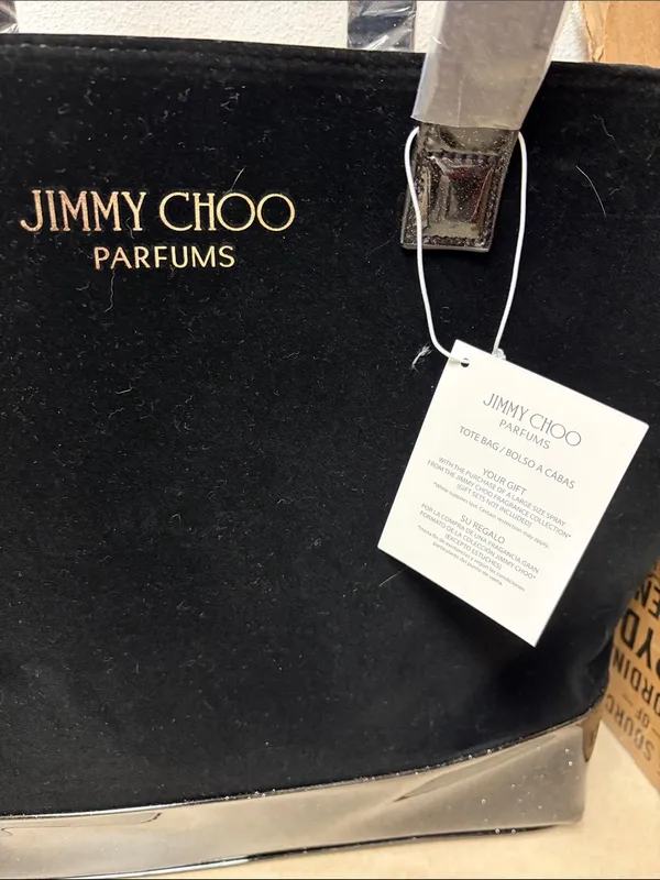 Jimmy Choo Parfums tote black velvet body glossy glitter-accented base &straps - Image 2