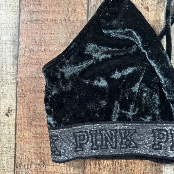 Pink Victoria's Secret Black Crushed Velvet Bralette Silver Logo Band Small Bra - Image 2