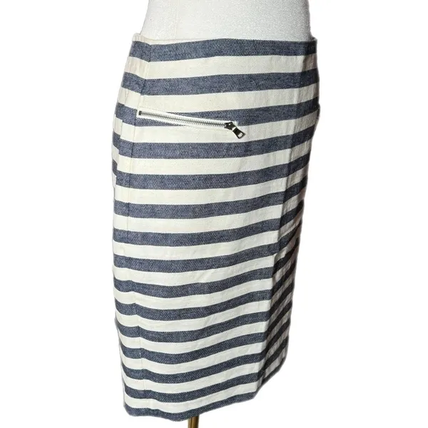 ANN TAYLOR Coastal Linen Blend Striped Pencil Skirt High Rise Navy White Size 4 - Image 4