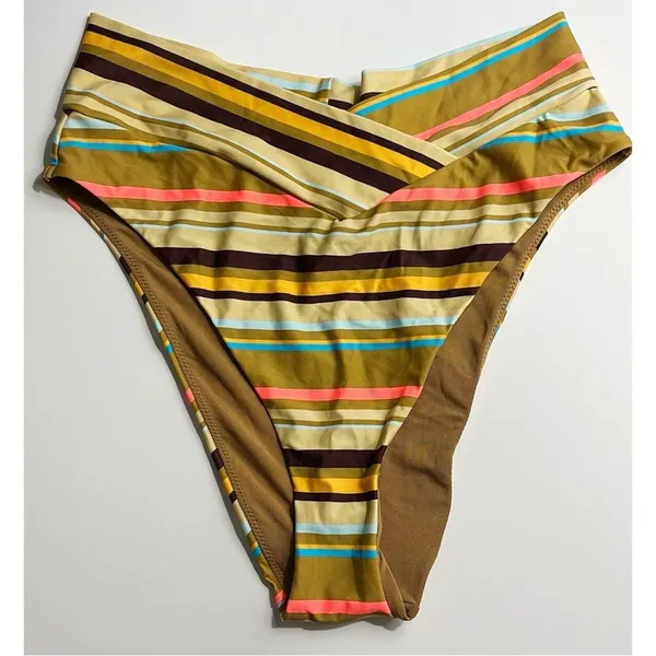 Aerie • NWT Yellow and Brown Blue Striped Bikini Bottom High Cut Cheeky - Image 2