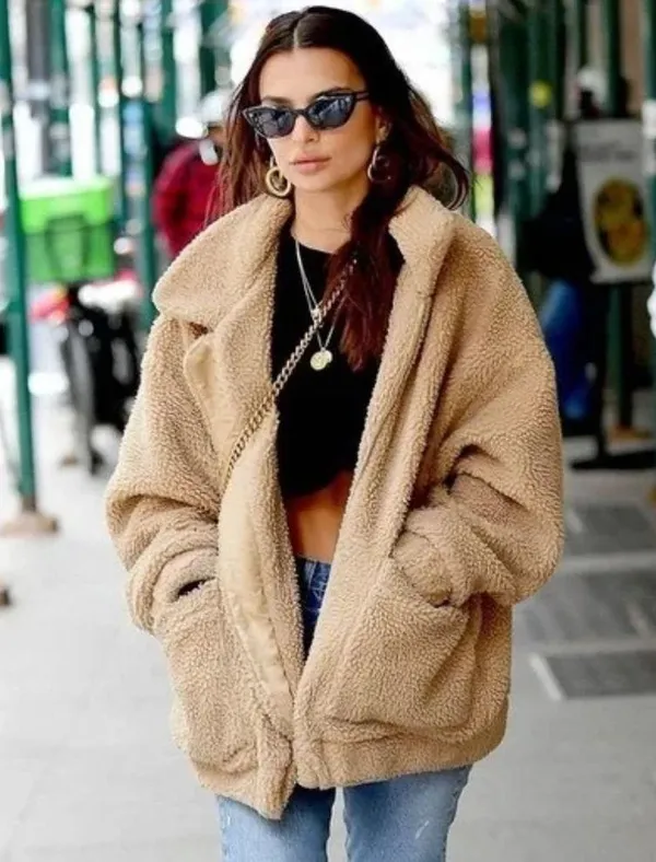 Polly oversized teddy bear tan pixie coat jacket with pockets women size S/M - Image 2