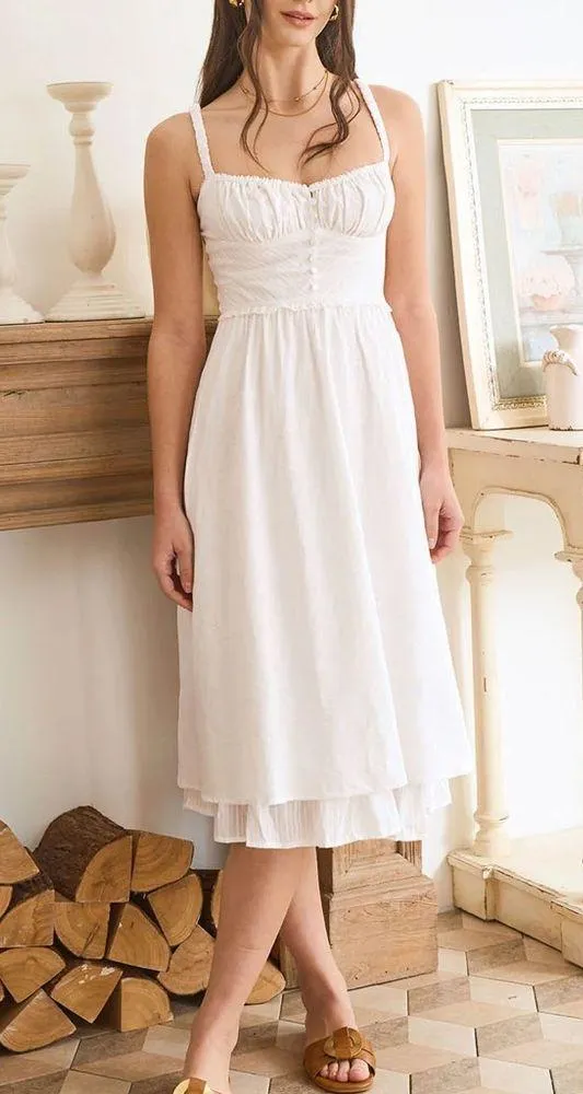 Rihoas White Ruched Slip Cotton Midi Dress - Image 5