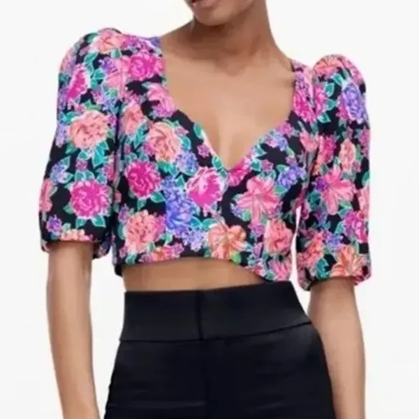 NWT ZARA Floral Cropped Top Plunging Neck Puff Half Sleeves S Black Pink Purple - Image 13
