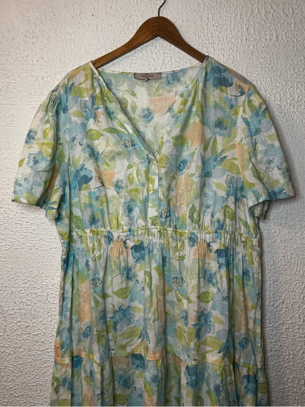 Floral V-Neck Linen Blend Cottagecore Maxi Dress in Pastel Blue & Green - Image 2