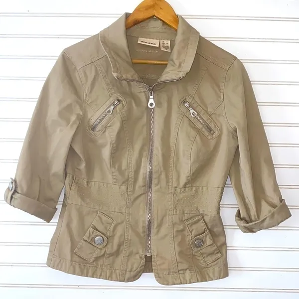 DKNY Jeans Jacket Small Khaki‎ Tan Utility Zip Up Multi Pocket 3/4 Sleeve - Image 2