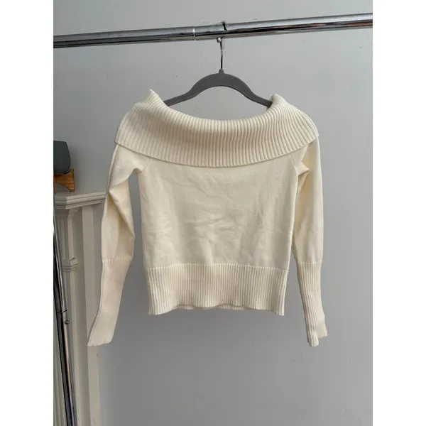 Women’s Ivory Off Shoulder Sweater Ribbed Foldover Cowl Neck Knit Pullover - Image 7