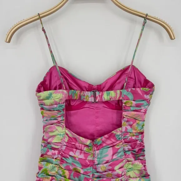 For Love and Lemons‎ Julien Cami Mini Dress XS Pink Floral Ruched Bodycon Cutout - Image 8