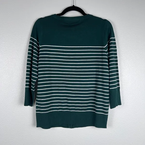 ModCloth Womens Striped Cardigan Knit Sweater Dark Green White V-Neck‎ Large - Image 6