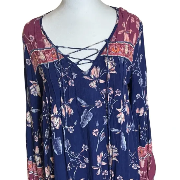 Billabong Pink & Blue‎ Floral Just Like You Dress Medium Boho Peasant Flowy - Image 4