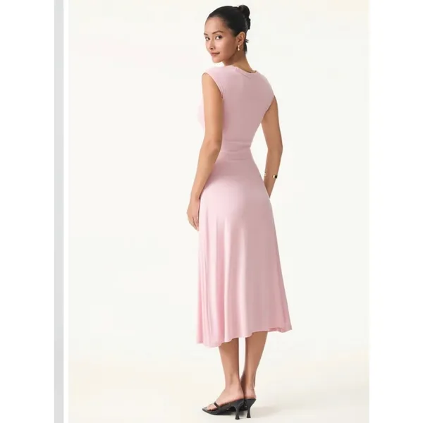 OGL Scoop Neck Side Ruched New Airy Bra Midi Dress Light Pink Size L NWT - Image 3