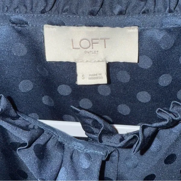 LOFT Navy Blue Ruffled Collar Polka Dot Button Down w/ Gathered Long Sleeves - Image 4