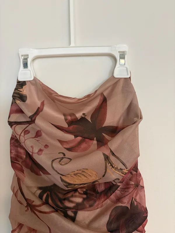 Floral Mesh Strapless Ruched Bodycon Midi Dress - Size XS - Image 5