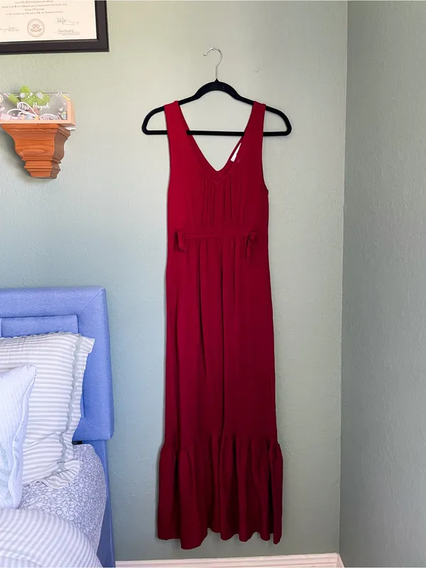 Mango Linen Blend V-Neck Maxi Dress Red Tiered Ruffle Hem Elastic Waist XS Red - Image 2