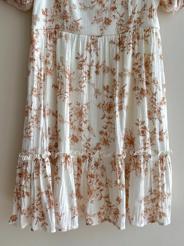 Blu Pepper Floral Puff Sleeve Mini Dress, White/Brown, Size Medium - Image 4