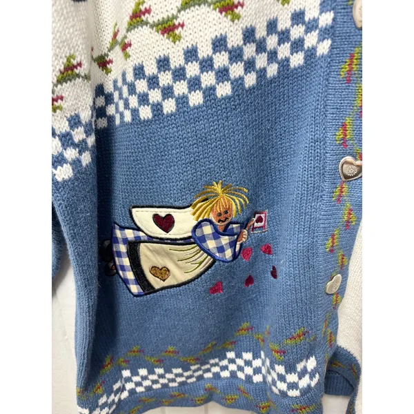 Quacker Factory Blue Garden Angel Embroidered Cardigan Sweater‎ 2X Heart Buttons - Image 4