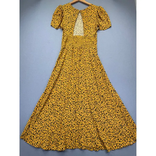 AFRM Yellow Cheetah Animal Print Maxi Dress Short Sleeve‎ Front Slit Medium - Image 9
