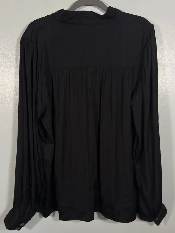 Anthropologie Black V-Neck Gathered Long-Sleeve Relaxed Henley Blouse L - Image 3