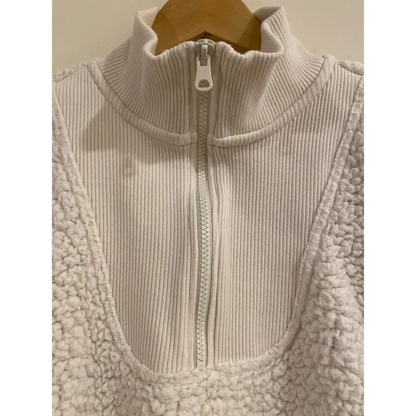 Aerie Fuzzy Fluffy Soft Pullover Warm Quarter Zip Sweater Cream Women's Small - Image 4