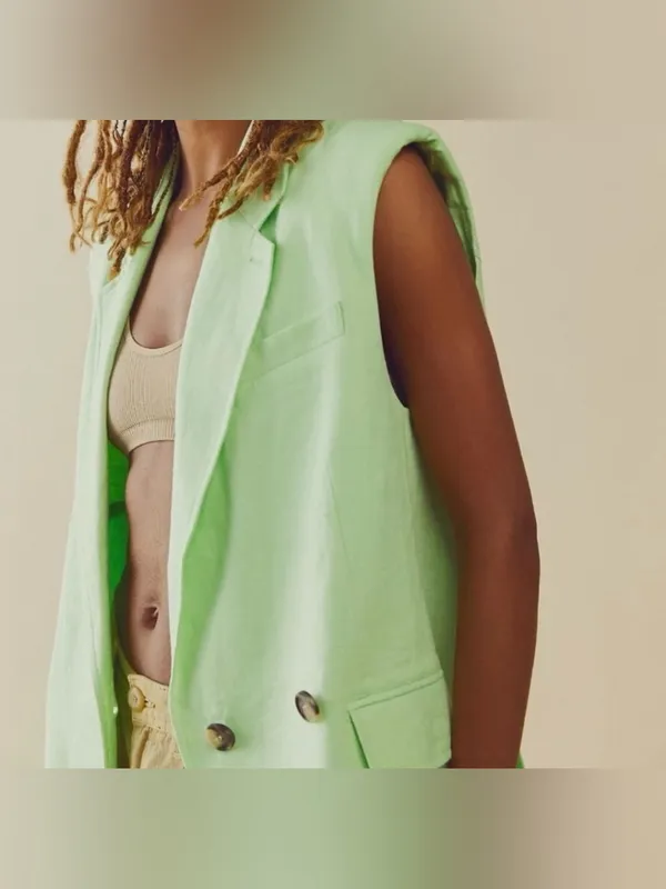 Free People NWOT 100% Linen Vest Green Light Lime Bright‎ Young Things Size M - Image 2