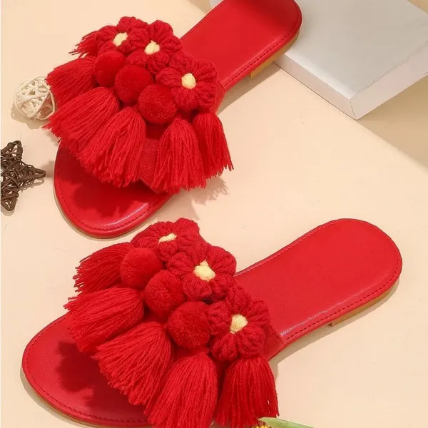New Red Slide Sandal Tassel Pom Pom Faux Suede Slip On Bohemian Sz-8 - Image 3