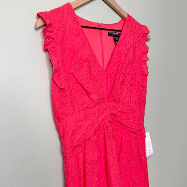 NWT Maggy London Embroidered Eyelet Flutter Sleeves Midi Dress Coral Pink Size 4 - Image 3