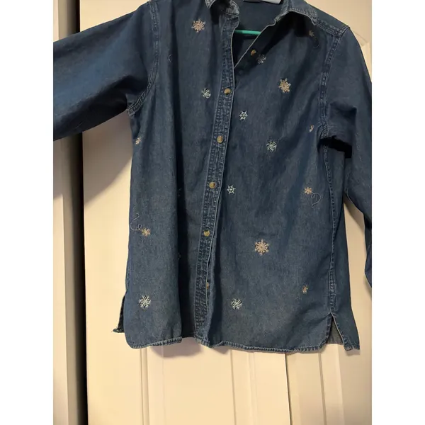 Womens Denim Long Sleeve‎ Shirt Snowflake Embroidery Blue Button Down Casual Top - Image 4