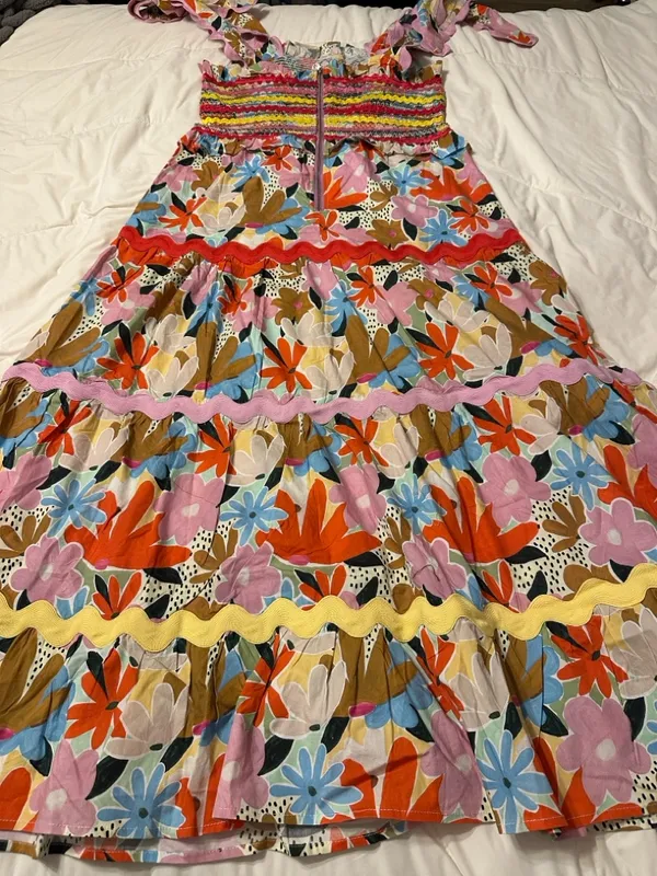 CeliaB Nilsa Multicolor Floral Smocked Midi Dress w/ Tie Straps - NWT - Size L - Image 4
