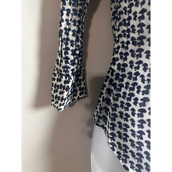 J.Crew Mushroom Print Pintuck Pleated Button‎ Front Blouse Navy White Y2K 82254 - Image 3