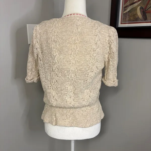 Vintage Style Crochet Knit Cardigan and Camisole Set Beige Pink Ribbon Trim - Image 6