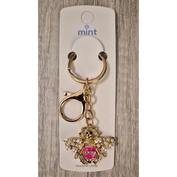 NWT Mint Gold Bumblebee Bag Charm Keychain Pink Rhinestone Pearl Cottagecore - Image 2