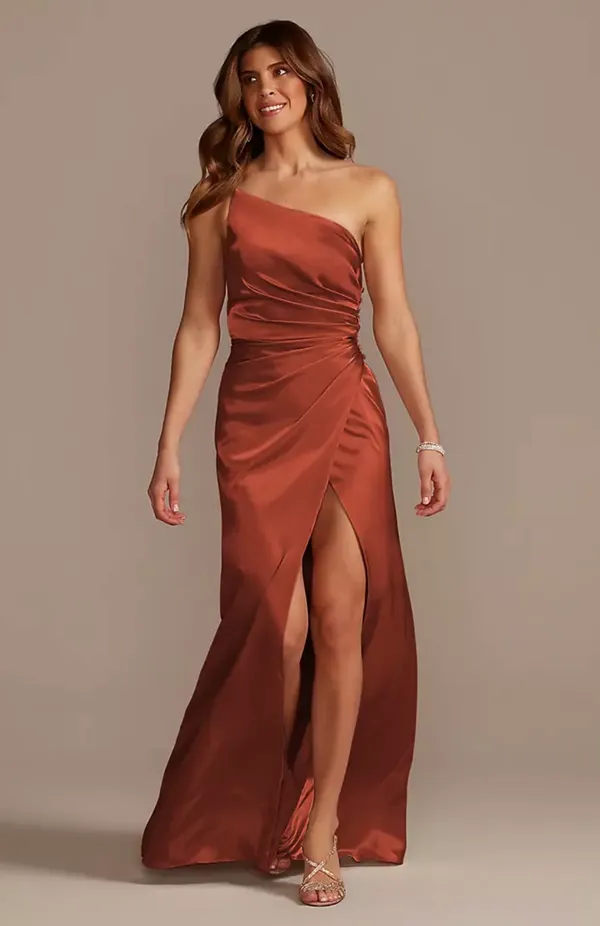 David's Bridal Charmeuse Draped One-Shoulder Bridesmaid Dress - Image 3