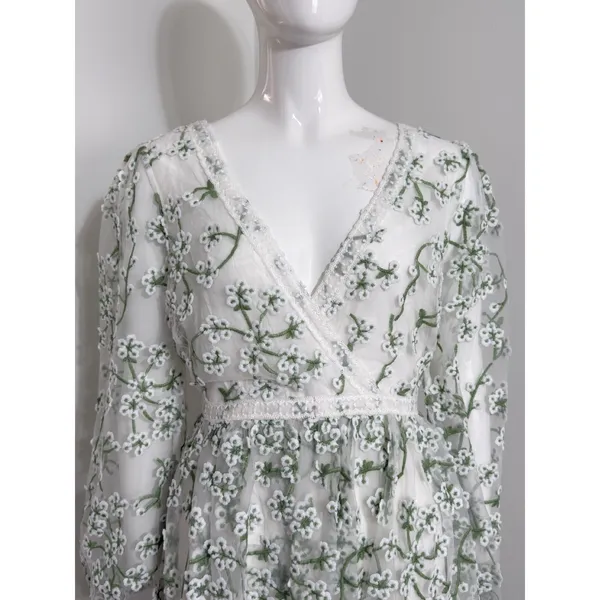 Ever After Floral Embroidered Maxi Dress Cottagecore Wedding Guest Long Sleeve S - Image 3