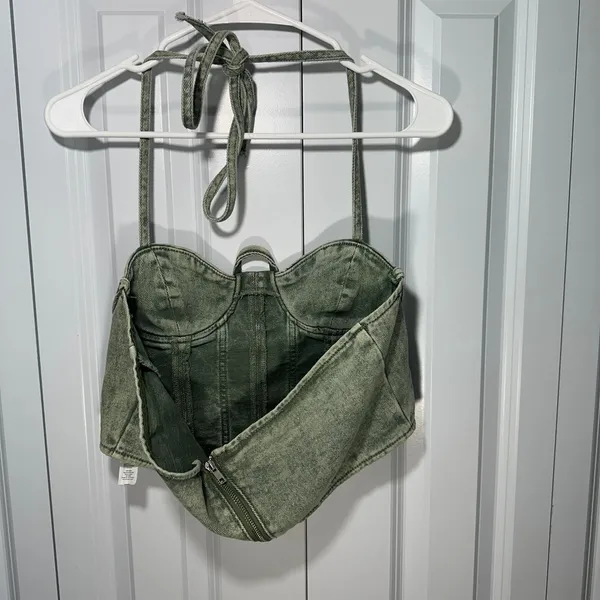 PrettyLittleThing Corset Top 10 Green‎ Acid Denim Halter Bustier Fairy Grunge - Image 2