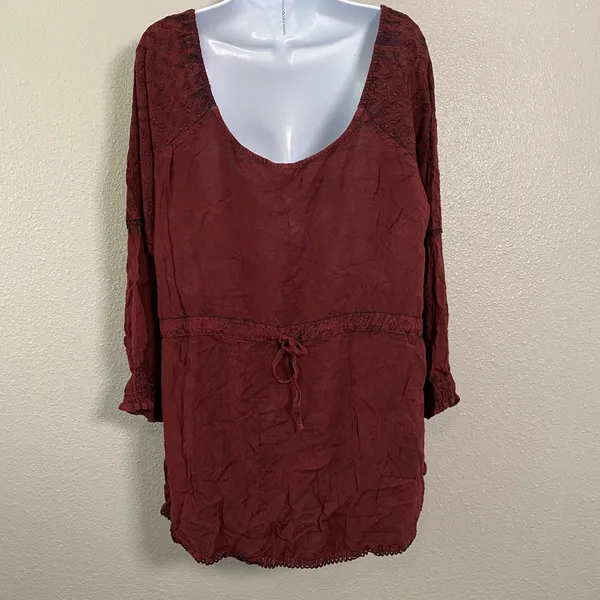 Red Peasant Blouse XL Whimsigoth Witchy Renaissance Faire Lace Up Embroidered - Image 2